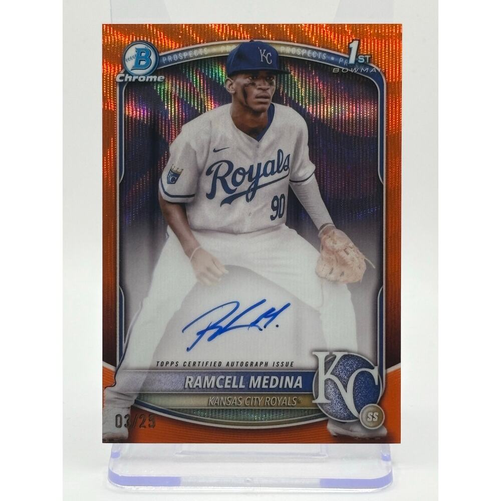 2025 Bowman Chrome Ramcell Medina 1st Orange Wave Refractor Auto 3/25 SP Royals